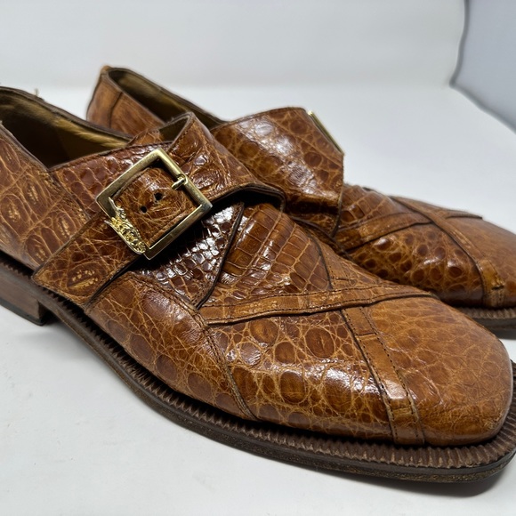 Mens David Eden Genuine Alligator Crocodile Shoes 8.5 Tan Monk Strap Loafers - Picture 2 of 9